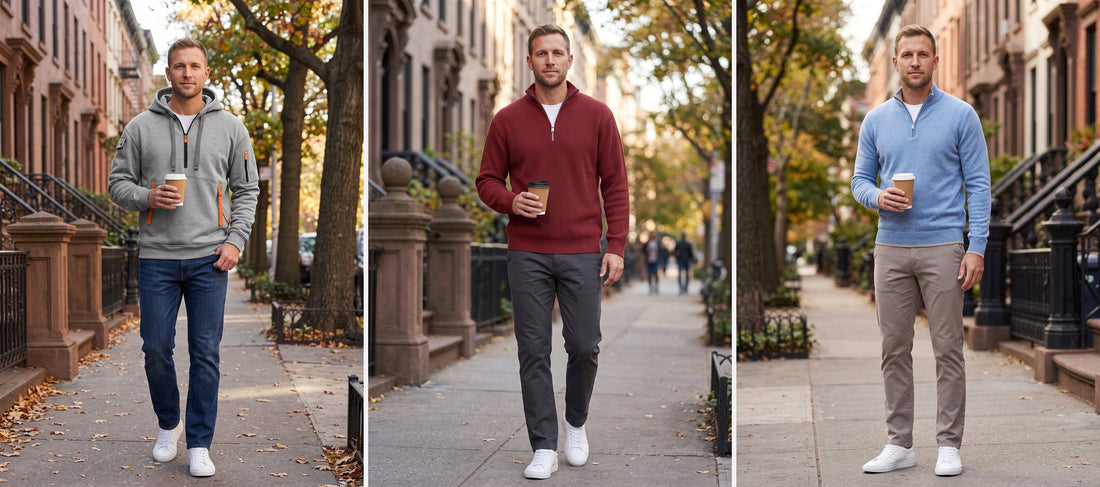 LuluThreads sweaters and hoodies on a city sidewalk