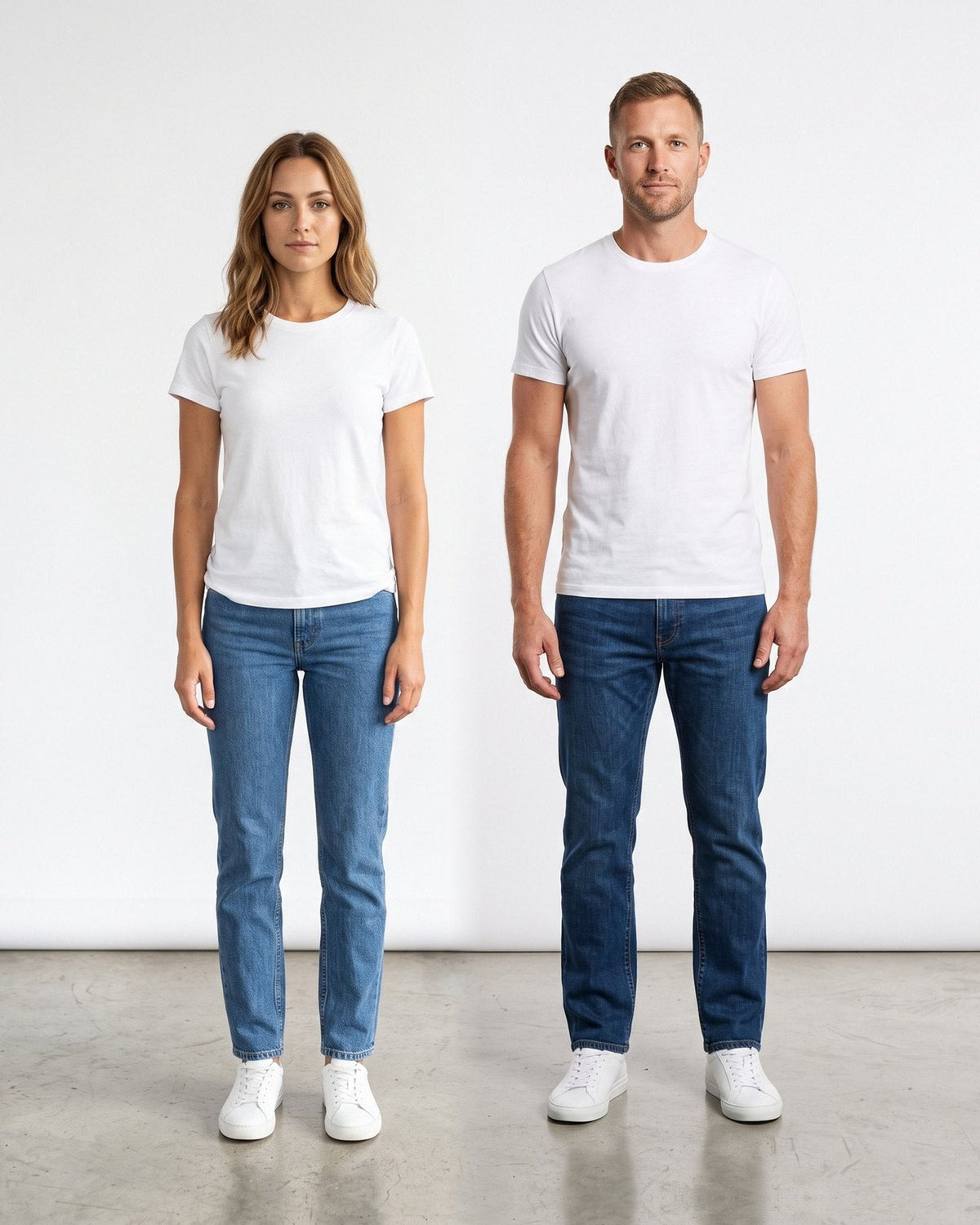 Woman and man in white tees and jeans in a light studio