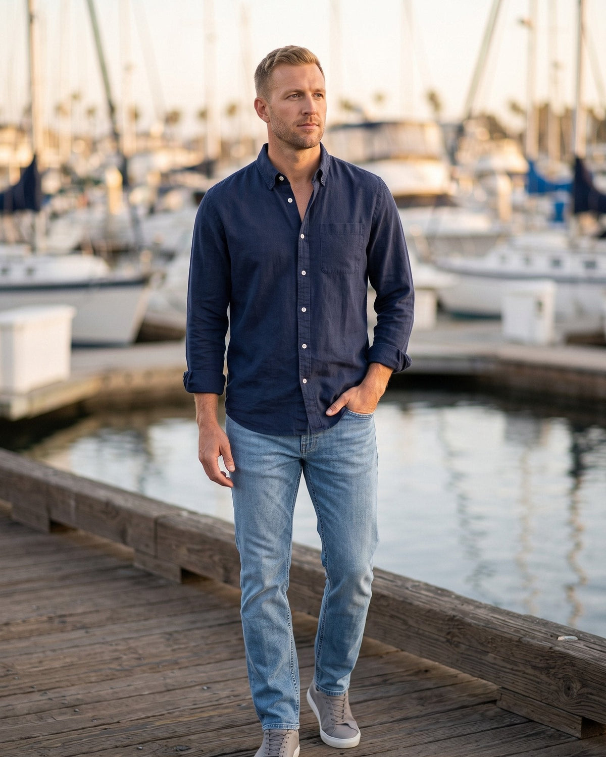 Man in a navy button-up shirt and light jeans on a marina dock