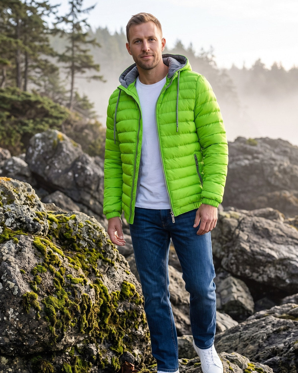 Man in a green hooded puffer jacket and jeans on a rocky coast