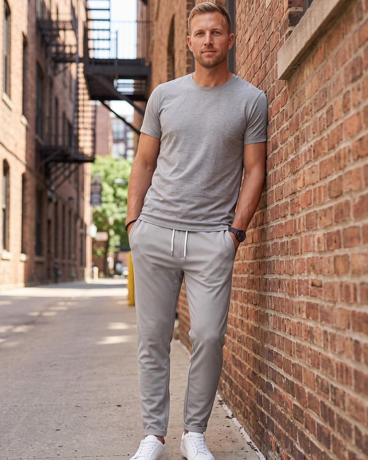 Man in a gray tee and gray comfort pants by a brick wall