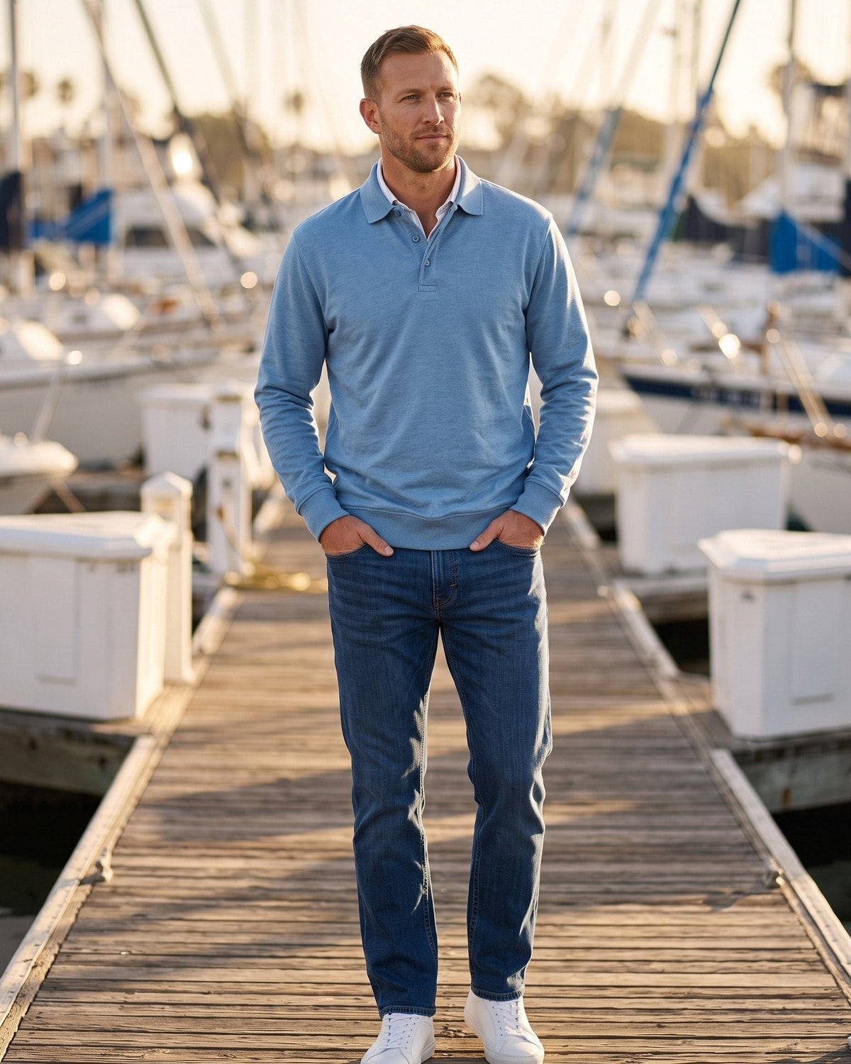 Man in a light blue long sleeve polo and jeans on a marina dock
