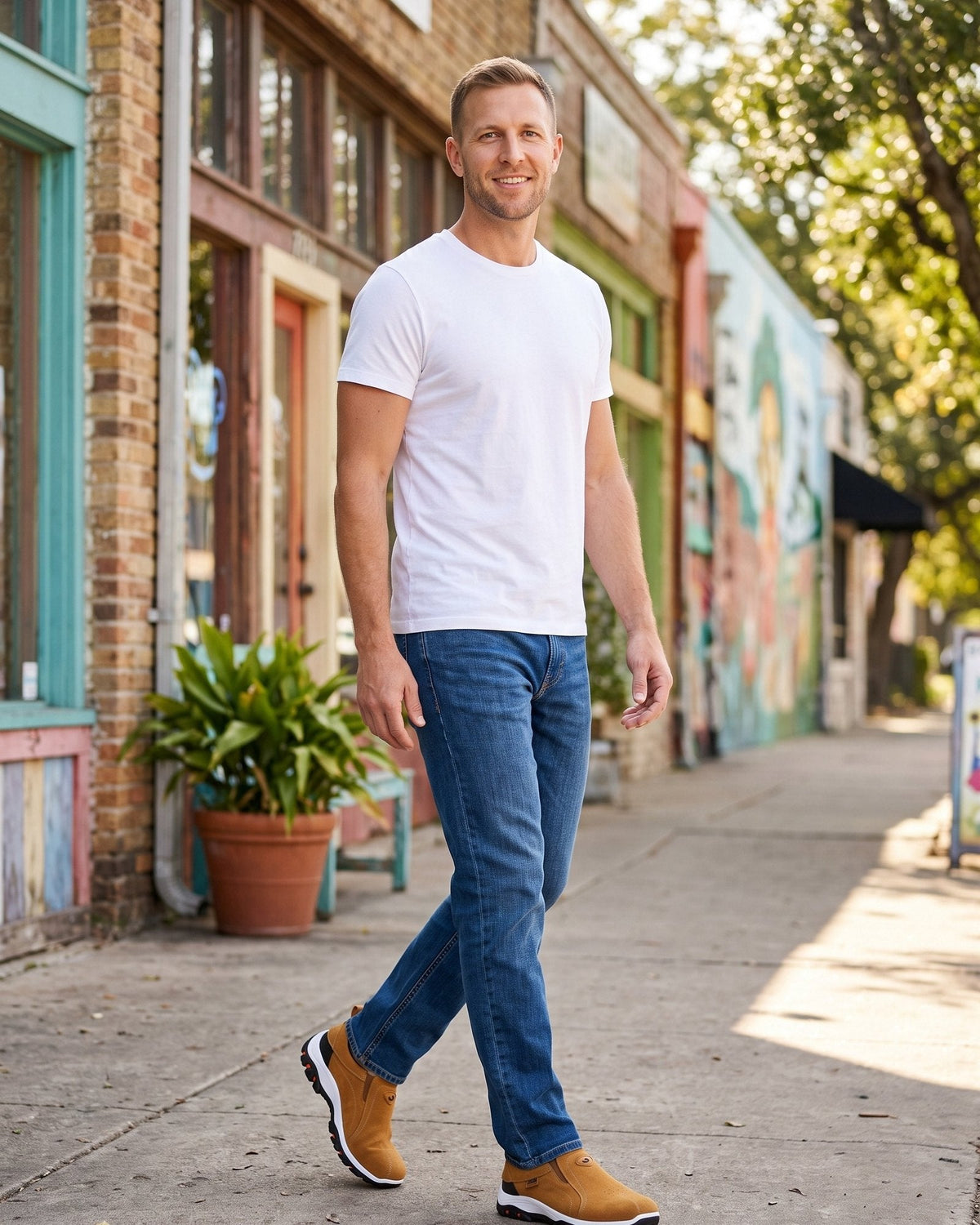 Man in a white tee, jeans and brown slip-on sneakers on a sidewalk