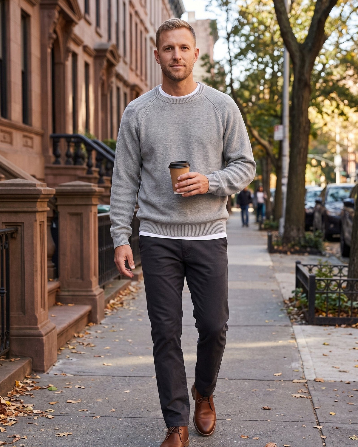 Man in a gray crew neck sweater and dark pants on a brownstone street