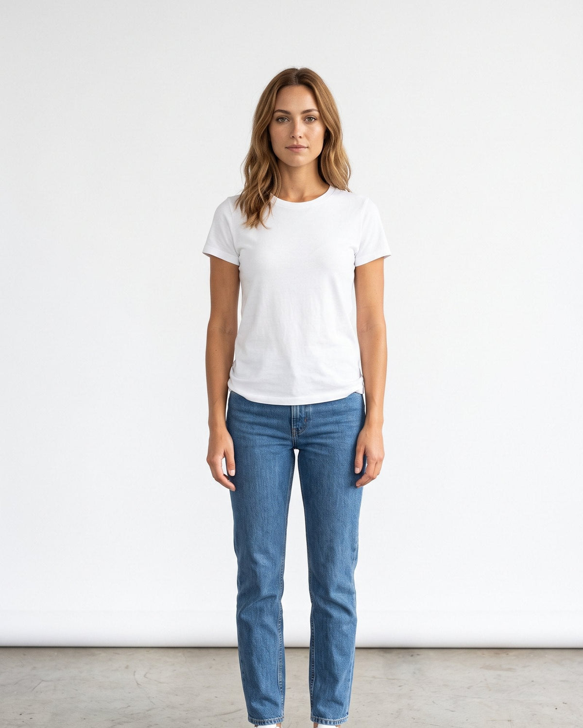 Woman in a white tee and light blue jeans in a light studio