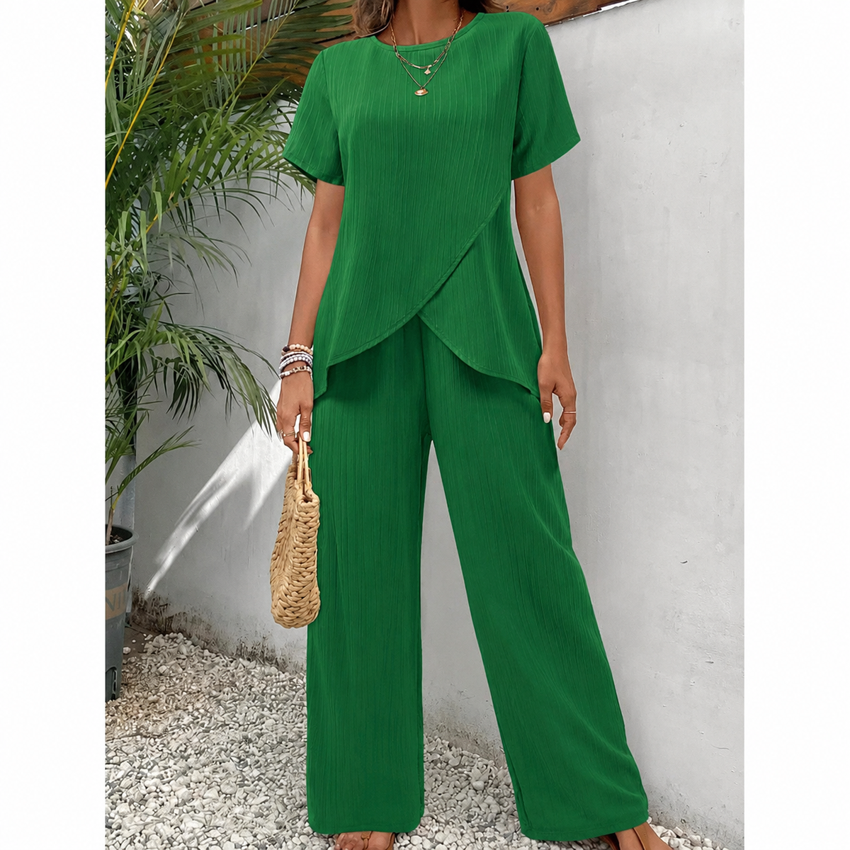 Women's Two-Piece Set | Crossover Wrap Top | Short Sleeves | Wide-Leg Pants | Relaxed Drape
