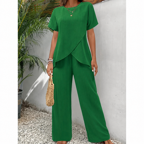 Women's Two-Piece Set | Crossover Wrap Top | Short Sleeves | Wide-Leg Pants | Relaxed Drape
