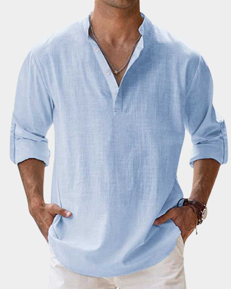 Men's Casual Band Collar Shirt | Half Button Placket | Relaxed Fit | Wrinkle-Resistant Fabric