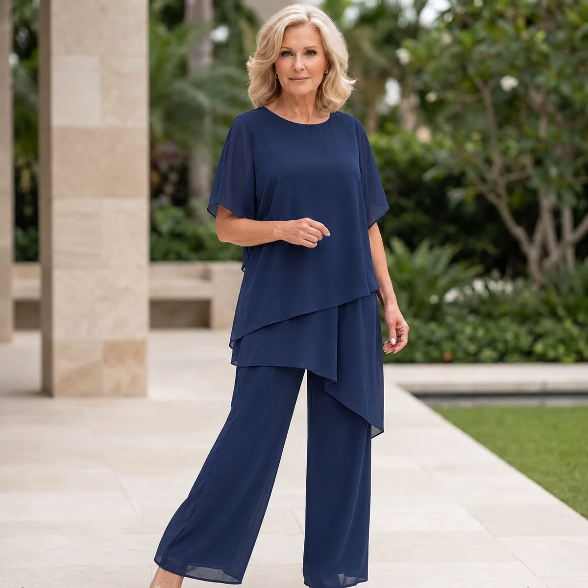 Women's Two-Piece Pant Set | Layered Draped Top | Wide-Leg Pants | Sheer Flowing Overlay