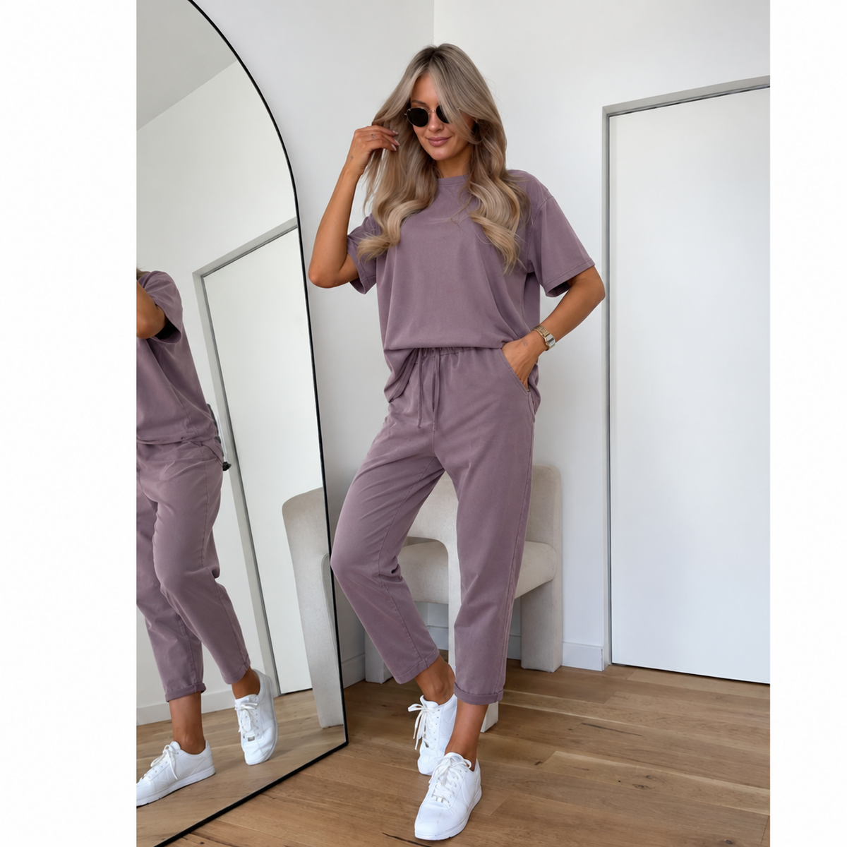 Women's Two-Piece Tee and Jogger Set | Short Sleeves | Drawstring Waist | Tapered Cuffed Legs
