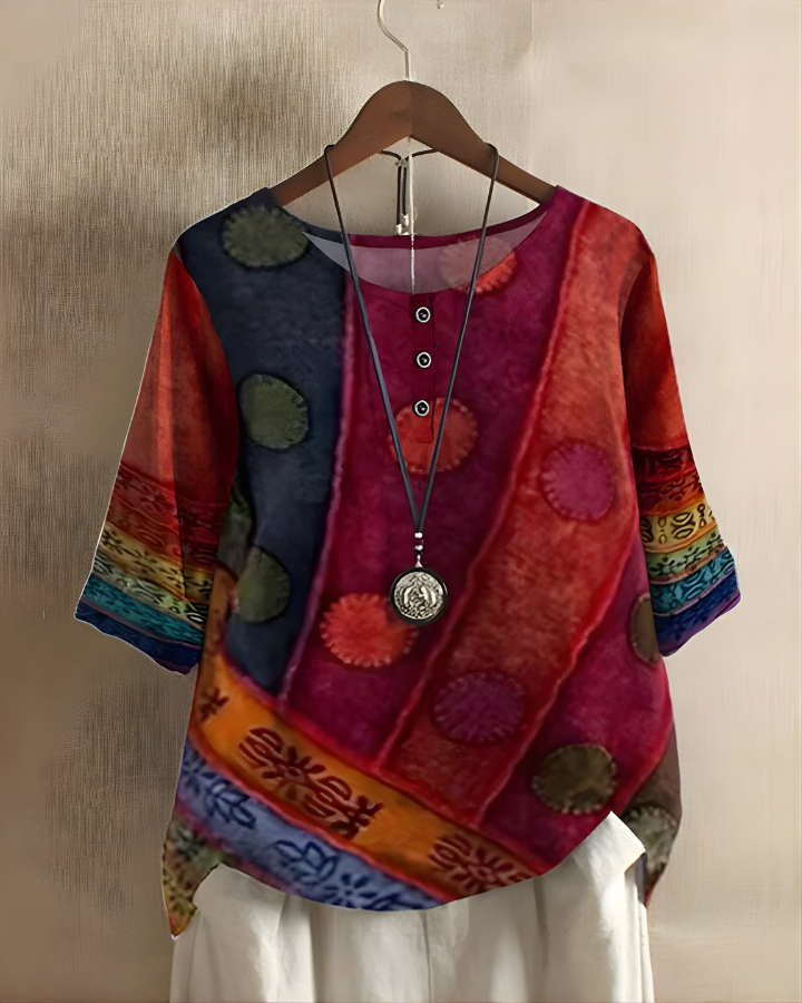 Women's Boho Print Tunic Top | Button Placket | Flowing Half Sleeves | Relaxed Loose Fit