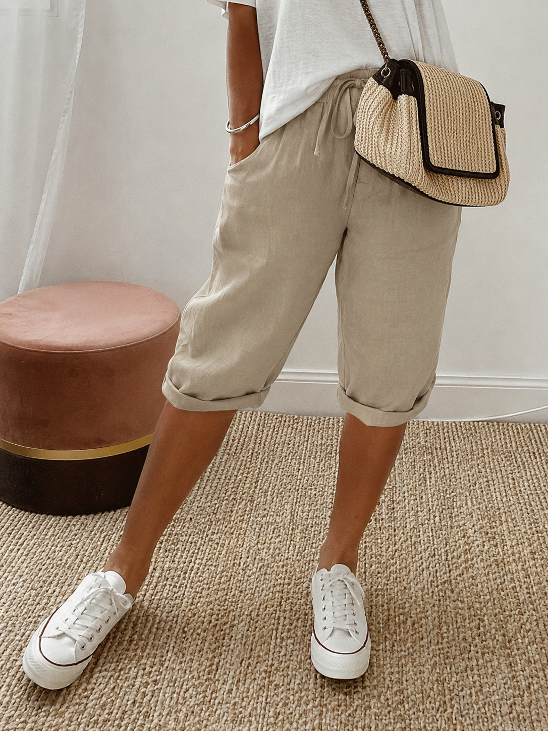 Women's Capri Shorts | Below-the-Knee Length | Rolled Hems | Deep Side Pockets | Drawstring Waist