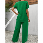 Women's Two-Piece Set | Crossover Wrap Top | Short Sleeves | Wide-Leg Pants | Relaxed Drape