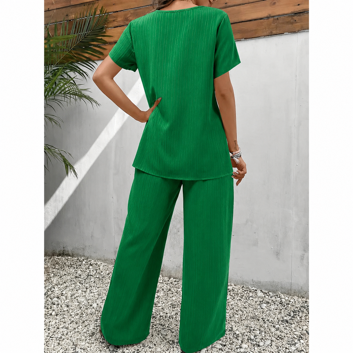 Women's Two-Piece Set | Crossover Wrap Top | Short Sleeves | Wide-Leg Pants | Relaxed Drape