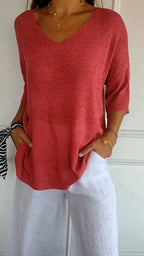 Women's V-Neck Top | Three-Quarter Sleeves | Lightweight Fine Knit | Relaxed Everyday Fit
