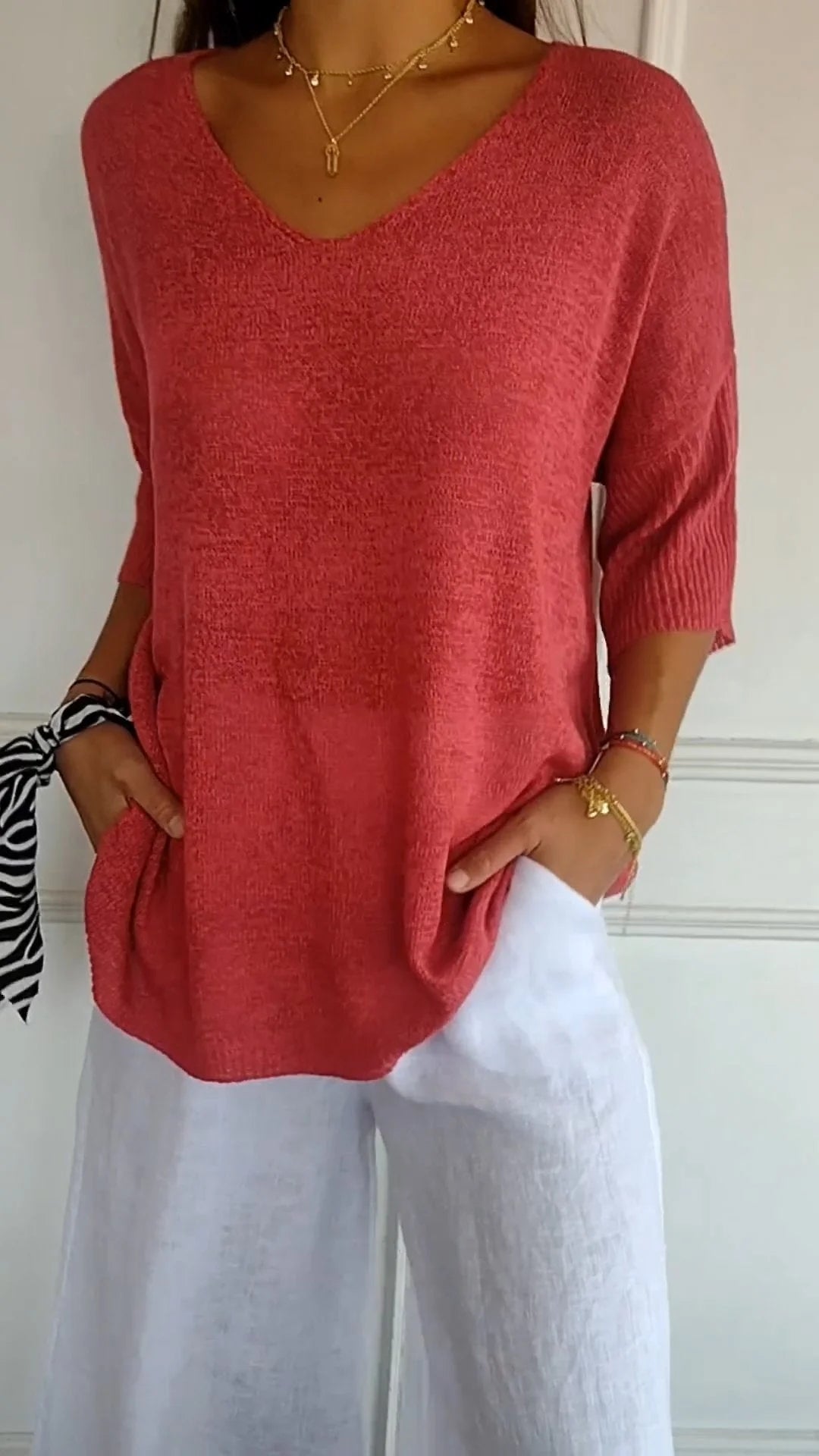 Women's V-Neck Top | Three-Quarter Sleeves | Lightweight Fine Knit | Relaxed Everyday Fit