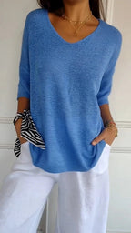Women's V-Neck Top | Three-Quarter Sleeves | Lightweight Fine Knit | Relaxed Everyday Fit