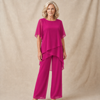 Women's Two-Piece Pant Set | Layered Draped Top | Wide-Leg Pants | Sheer Flowing Overlay