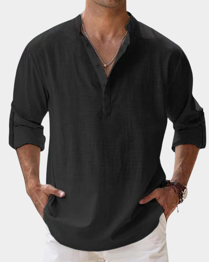 Men's Casual Band Collar Shirt | Half Button Placket | Relaxed Fit | Wrinkle-Resistant Fabric