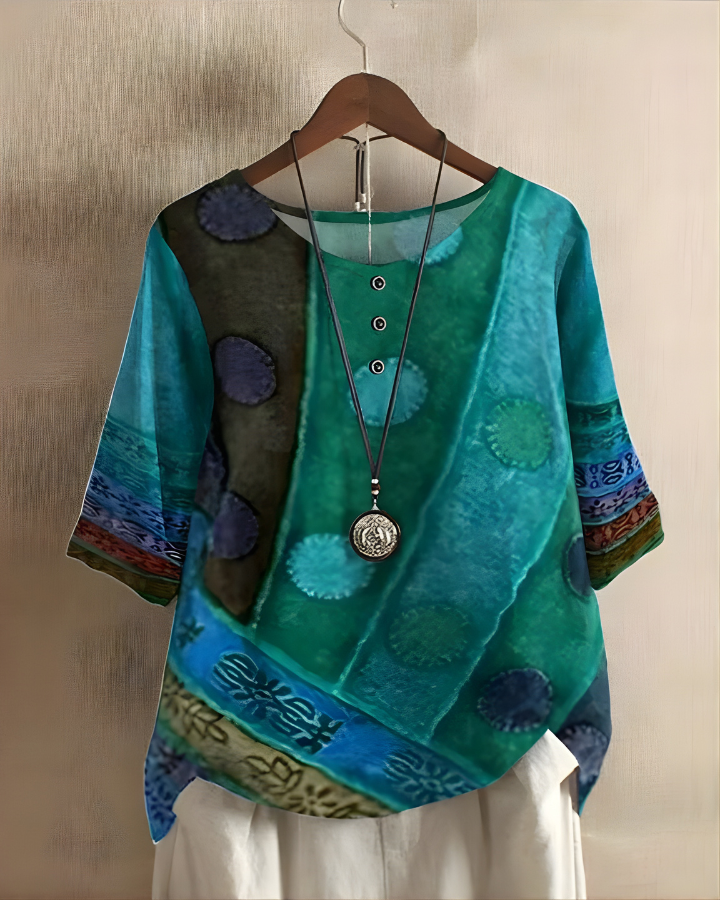 Women's Boho Print Tunic Top | Button Placket | Flowing Half Sleeves | Relaxed Loose Fit