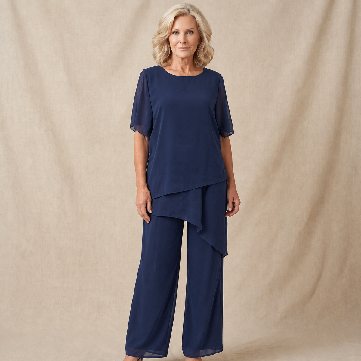 Women's Two-Piece Pant Set | Layered Draped Top | Wide-Leg Pants | Sheer Flowing Overlay