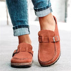 Women's Buckle Strap Loafers | Suede-Look Upper | Contrast Stitching | Cushioned Sole | Round Toe