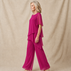 Women's Two-Piece Pant Set | Layered Draped Top | Wide-Leg Pants | Sheer Flowing Overlay
