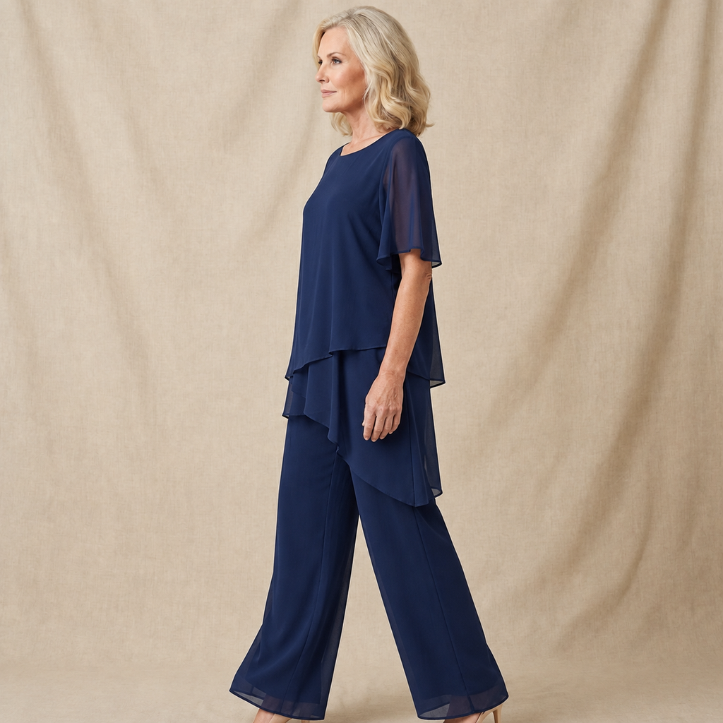 Women's Two-Piece Pant Set | Layered Draped Top | Wide-Leg Pants | Sheer Flowing Overlay