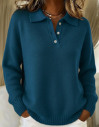 Women's Polo Collar Sweater | Button Placket | Ribbed Cuffs and Hem | Lightweight Knit