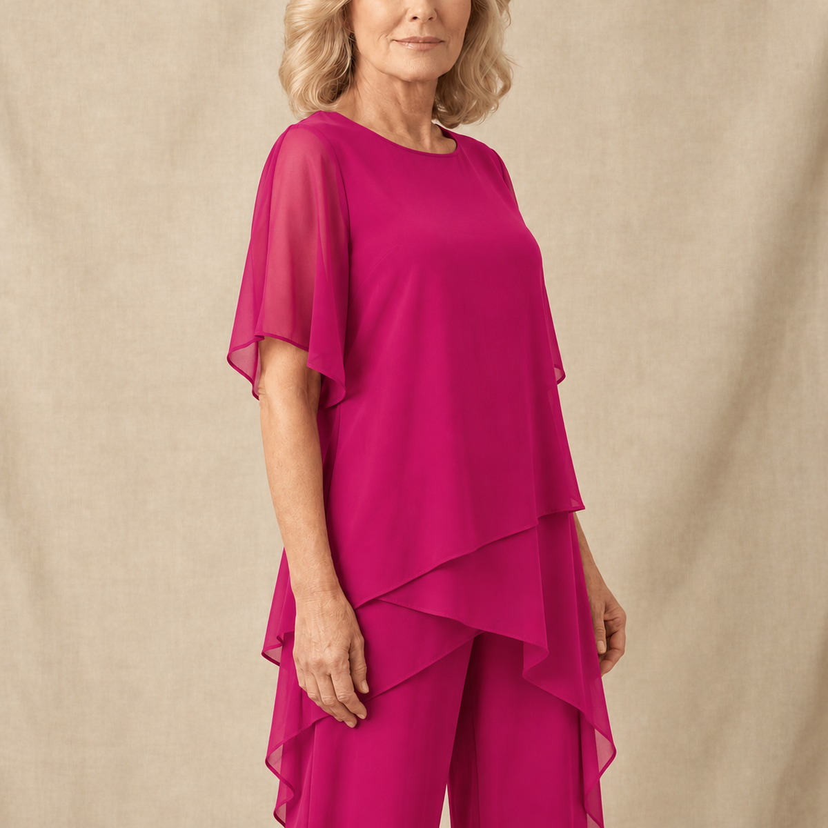 Women's Two-Piece Pant Set | Layered Draped Top | Wide-Leg Pants | Sheer Flowing Overlay