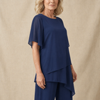 Women's Two-Piece Pant Set | Layered Draped Top | Wide-Leg Pants | Sheer Flowing Overlay