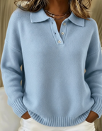 Women's Polo Collar Sweater | Button Placket | Ribbed Cuffs and Hem | Lightweight Knit