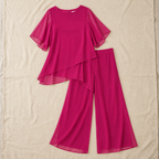 Women's Two-Piece Pant Set | Layered Draped Top | Wide-Leg Pants | Sheer Flowing Overlay