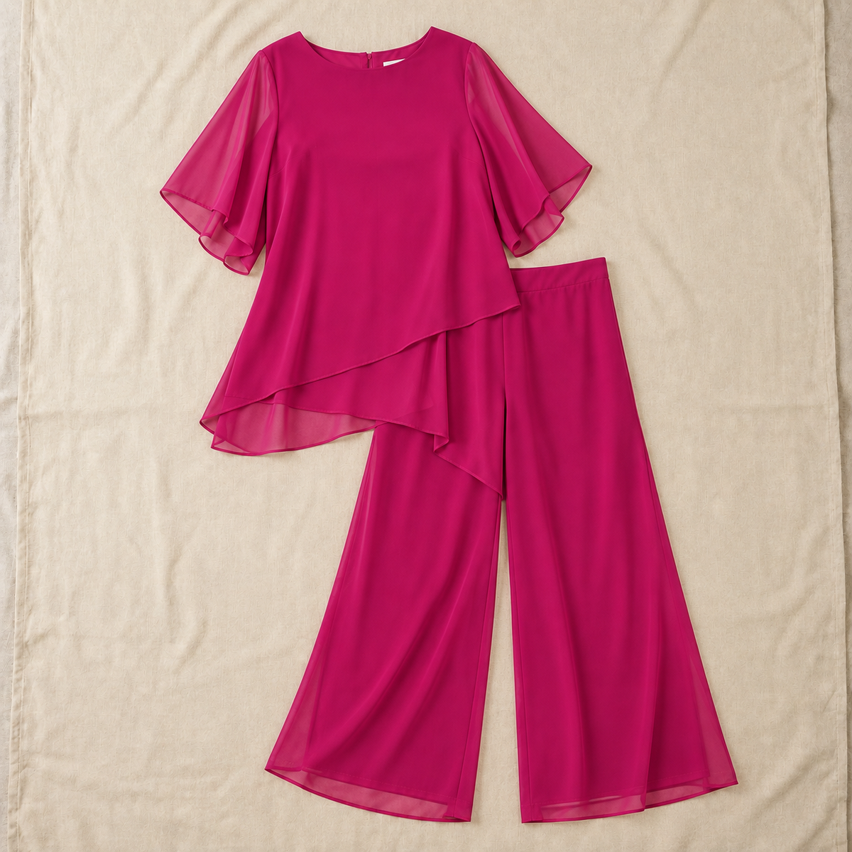 Women's Two-Piece Pant Set | Layered Draped Top | Wide-Leg Pants | Sheer Flowing Overlay