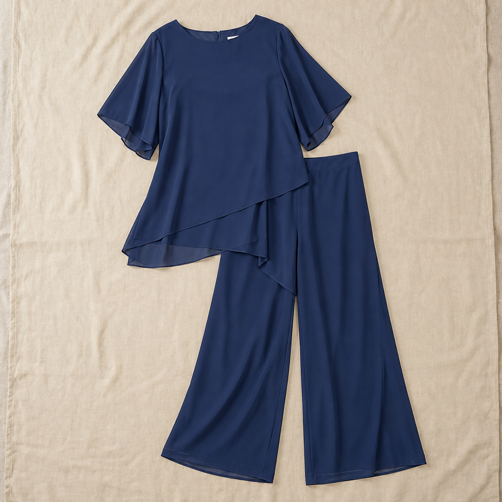 Women's Two-Piece Pant Set | Layered Draped Top | Wide-Leg Pants | Sheer Flowing Overlay