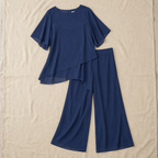 Women's Two-Piece Pant Set | Layered Draped Top | Wide-Leg Pants | Sheer Flowing Overlay