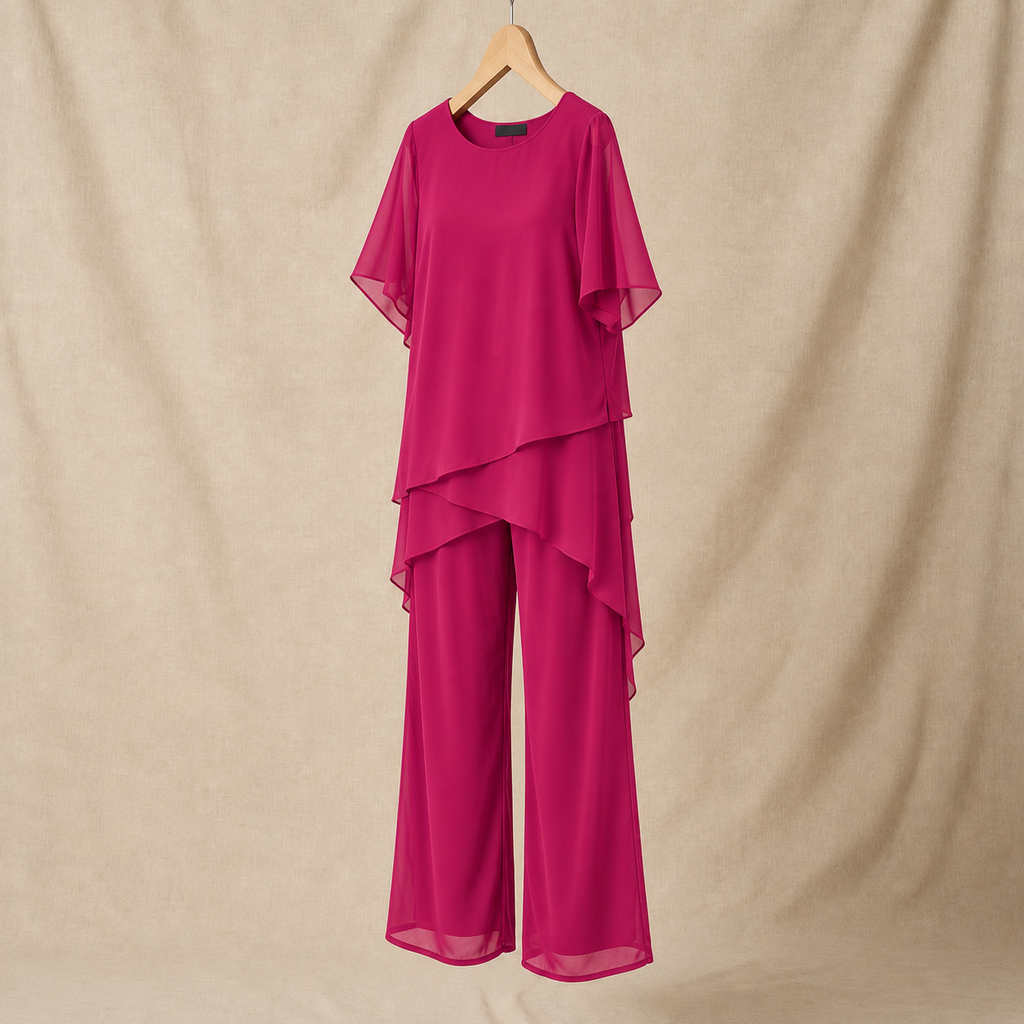 Women's Two-Piece Pant Set | Layered Draped Top | Wide-Leg Pants | Sheer Flowing Overlay