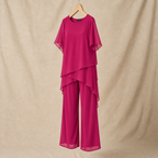 Women's Two-Piece Pant Set | Layered Draped Top | Wide-Leg Pants | Sheer Flowing Overlay