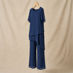 Women's Two-Piece Pant Set | Layered Draped Top | Wide-Leg Pants | Sheer Flowing Overlay