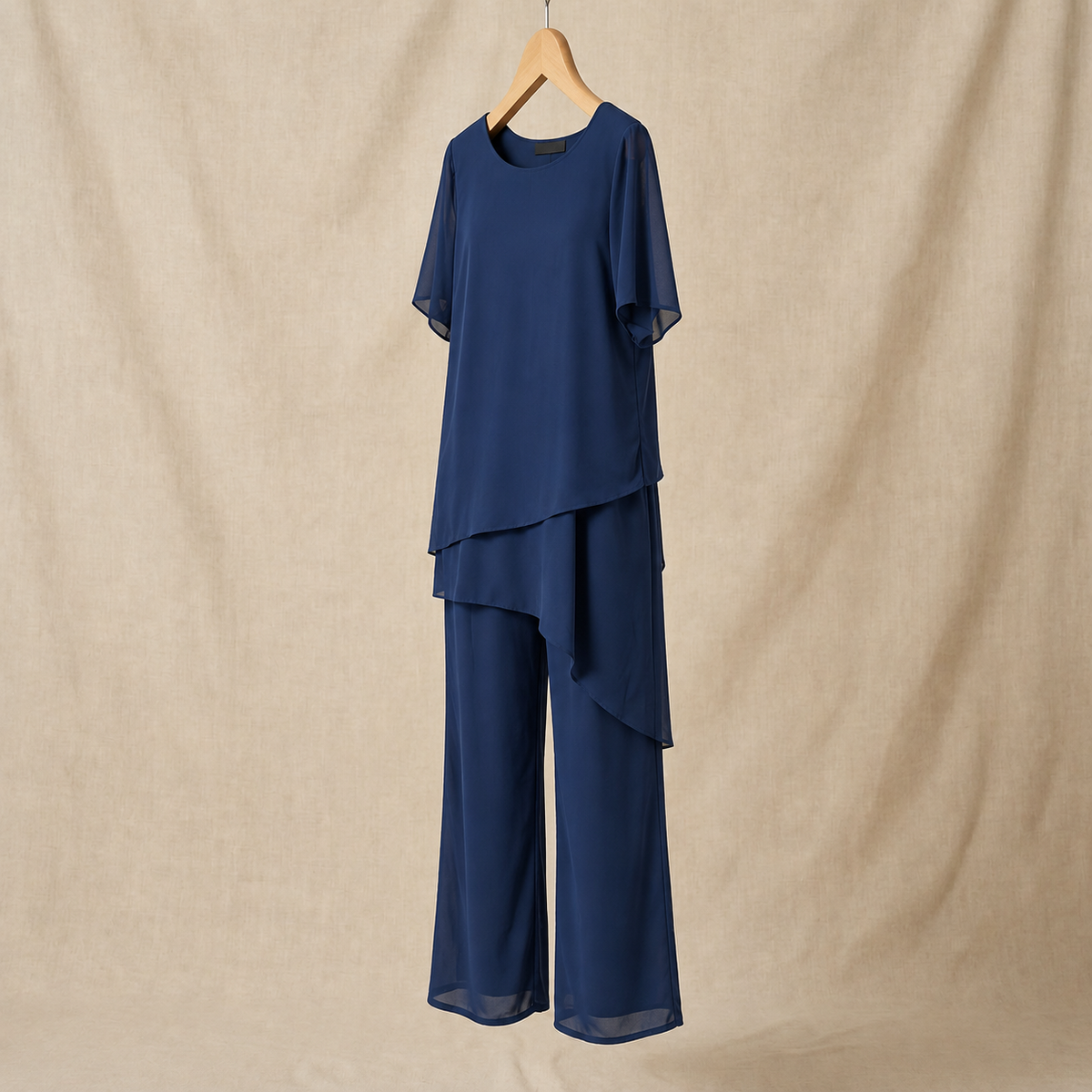 Women's Two-Piece Pant Set | Layered Draped Top | Wide-Leg Pants | Sheer Flowing Overlay