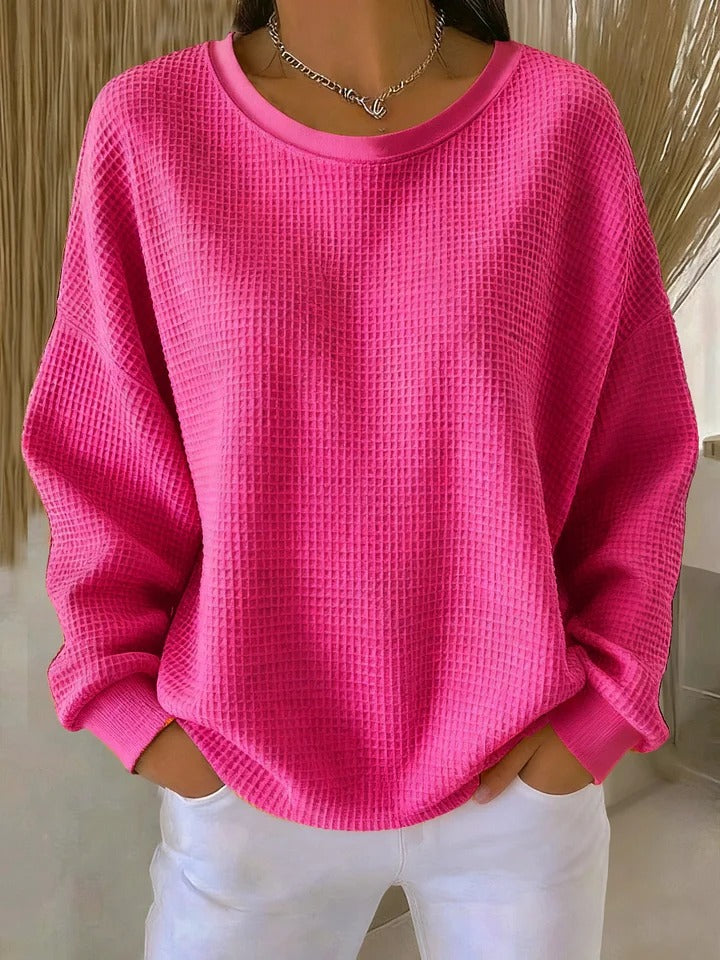 Women's Relaxed Crew-Neck Sweater | Waffle-Knit Texture | Dropped Shoulders | Long Sleeves