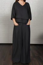 Women's Two-Piece Lounge Set | Layered V-Neck Top | Wide-Leg Pants | Relaxed Loose Fit