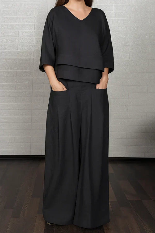 Women's Two-Piece Lounge Set | Layered V-Neck Top | Wide-Leg Pants | Relaxed Loose Fit