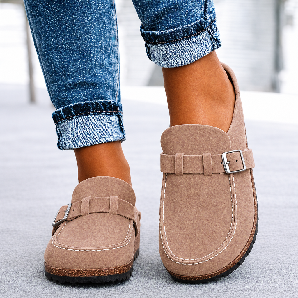 Women's Buckle Strap Loafers | Suede-Look Upper | Contrast Stitching | Cushioned Sole | Round Toe