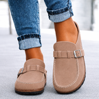 Women's Buckle Strap Loafers | Suede-Look Upper | Contrast Stitching | Cushioned Sole | Round Toe