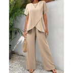 Women's Two-Piece Set | Crossover Wrap Top | Short Sleeves | Wide-Leg Pants | Relaxed Drape