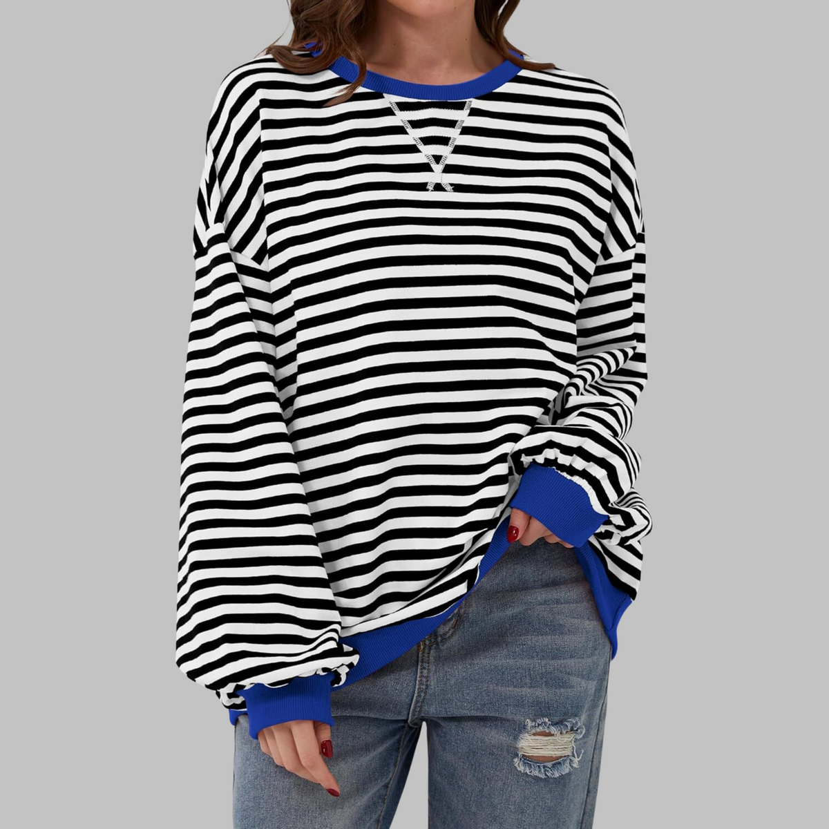 Women's Oversized Striped Sweatshirt | Retro Stripe Pattern | Contrast Cuffs and Hem | Crew Neck