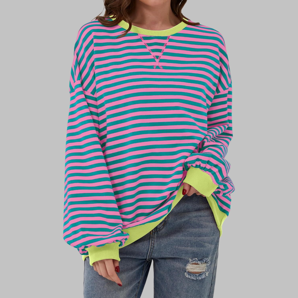 Women's Oversized Striped Sweatshirt | Retro Stripe Pattern | Contrast Cuffs and Hem | Crew Neck