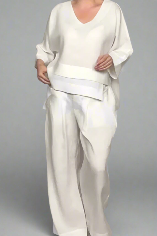 Women's Two-Piece Lounge Set | Layered V-Neck Top | Wide-Leg Pants | Relaxed Loose Fit