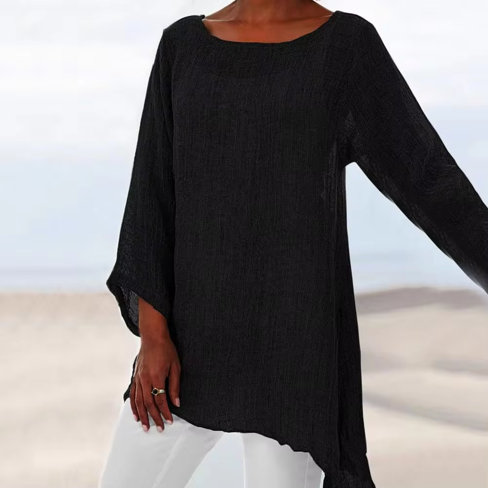 Women's Long-Sleeve Tunic Top | Asymmetric Hem | Round Neckline | Airy Textured Fabric